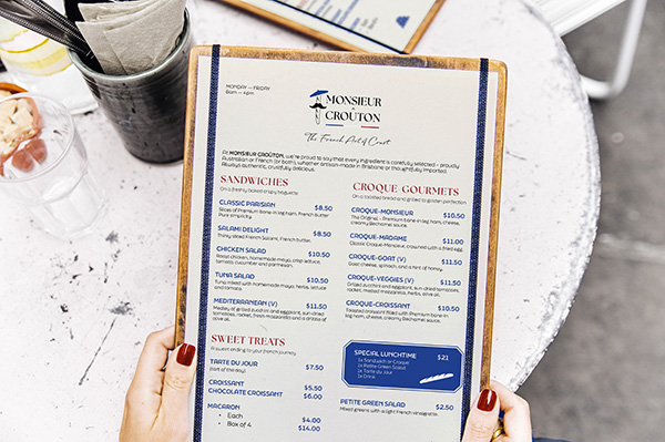 Monsieur Crouton Menu Restaurant<br />
Design with Laure